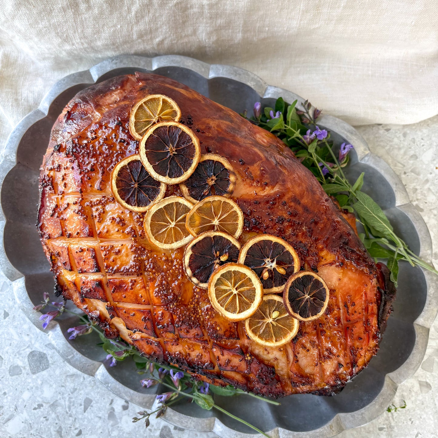 Ham on the bone with rolls chutney and rocket