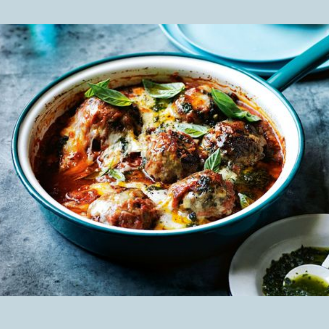 Oven Roasted Meatballs with pesto & Mozzarella (FROZEN)