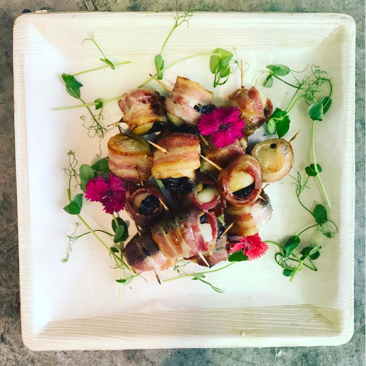 Water chestnuts & prunes wrapped in bacon