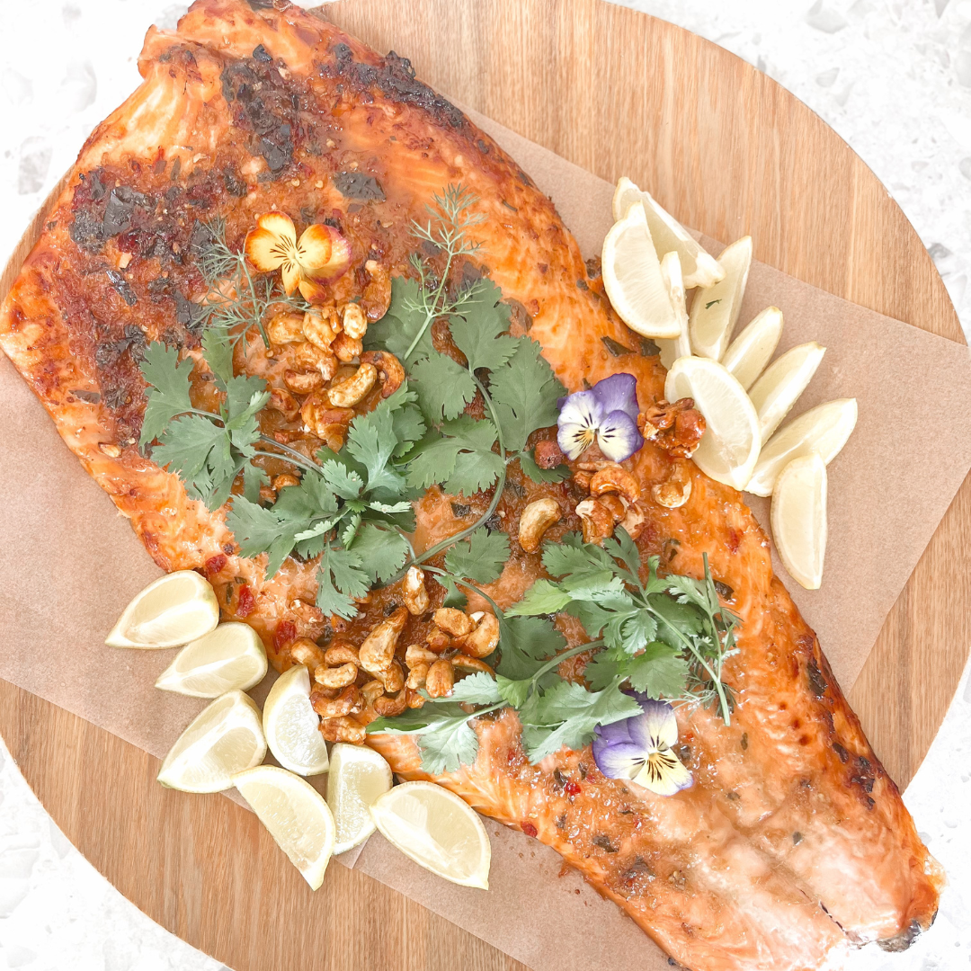 Chili ginger caramel side of salmon with honey curried cashews