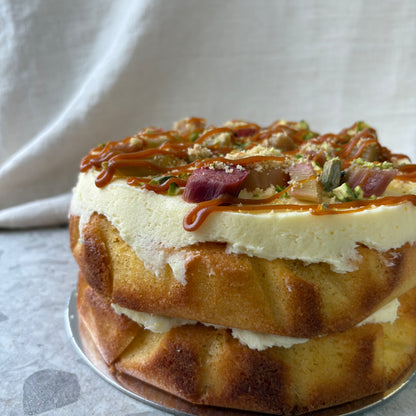 Roasted Rhubarb, Pistachio & Salted Caramel Cake