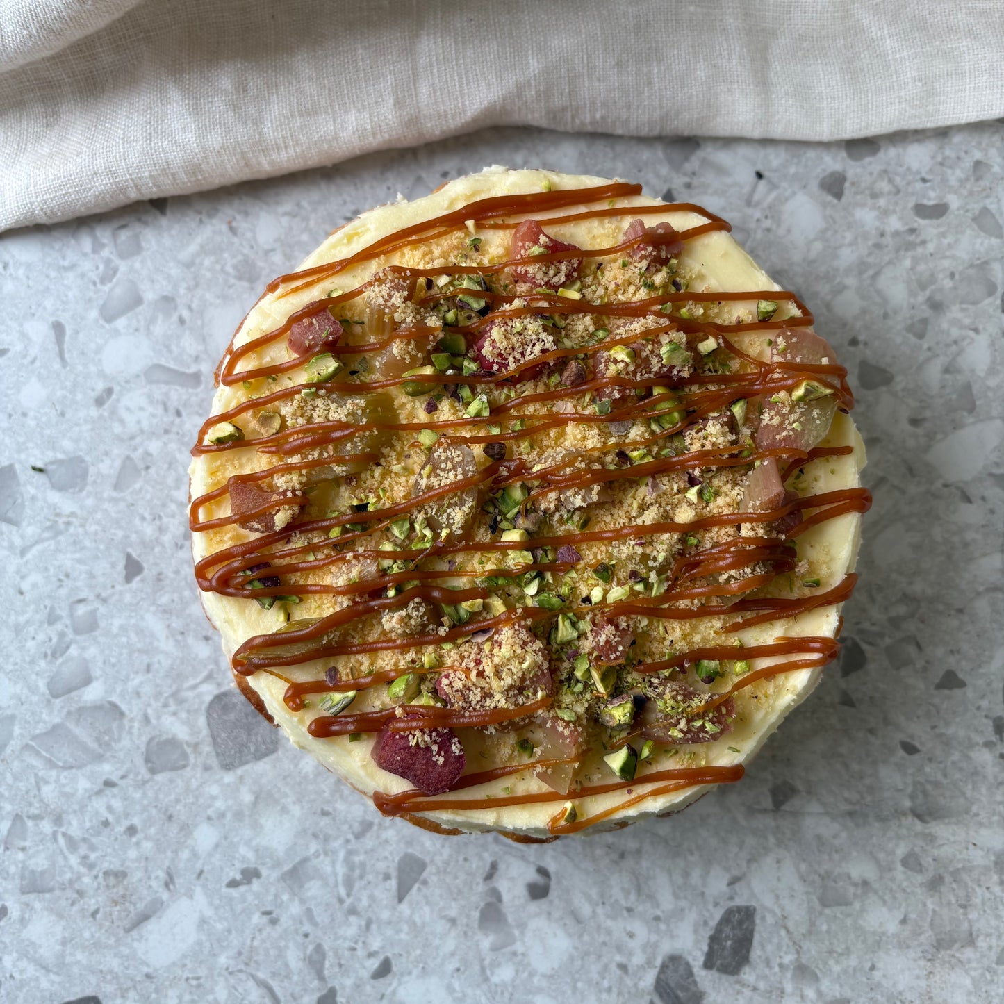 Roasted Rhubarb, Pistachio & Salted Caramel Cake