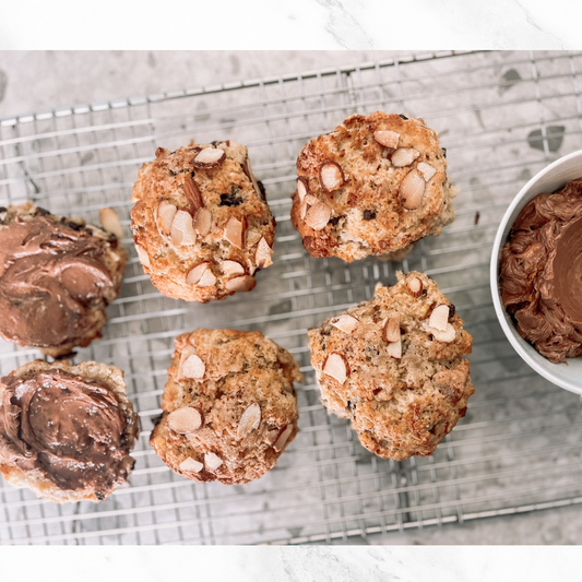 Dark chocolate & rum soaked sultana scones with chocolate butter