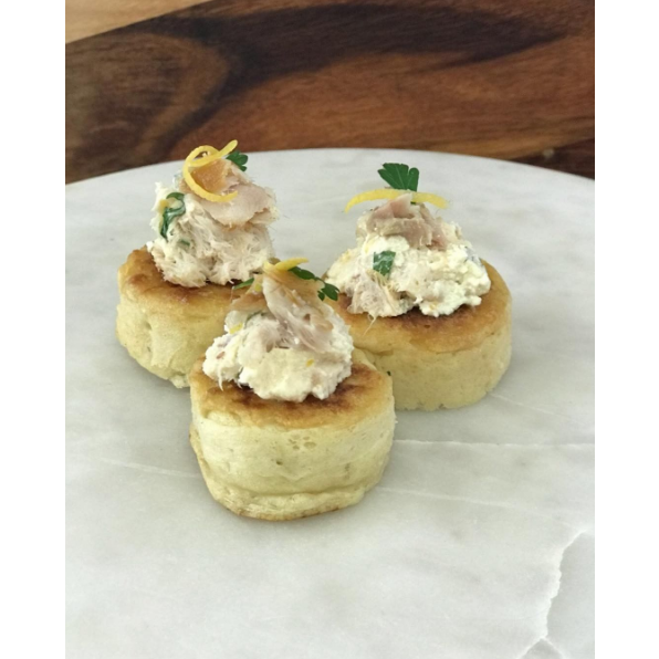 Crumpets topped with smoked fish pate