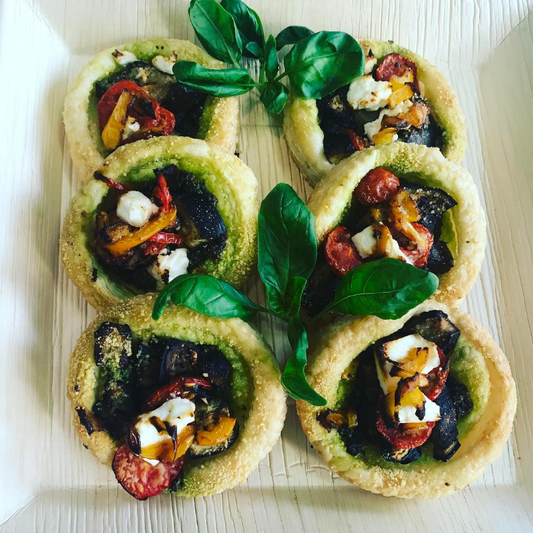 Open Tarts topped with Pesto, Olives & feta