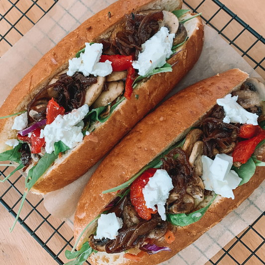 Grilled Mushroom & Feta Roll with Caramelised Onions