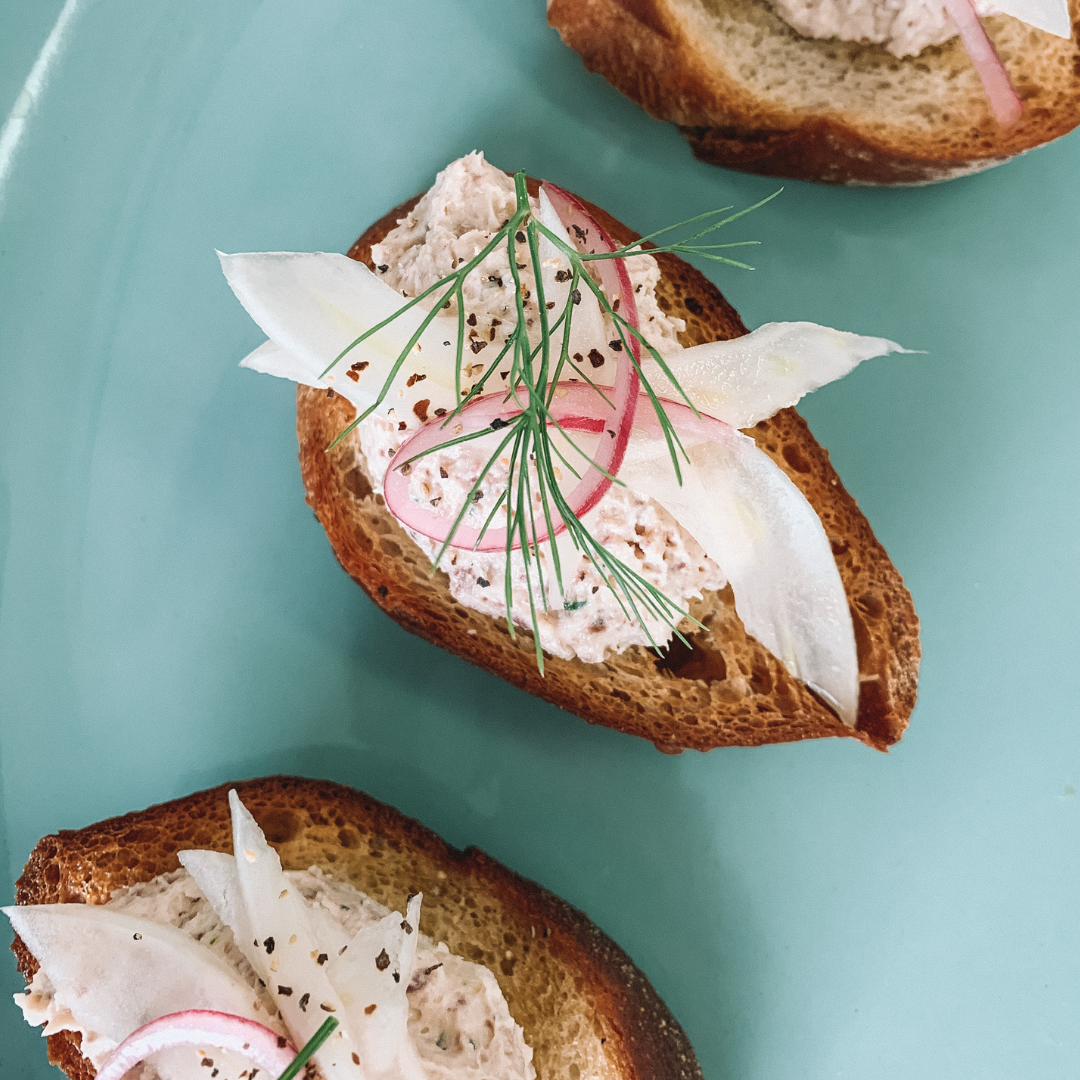 Smoked Fish Pate on Crostini with Fennel slaw