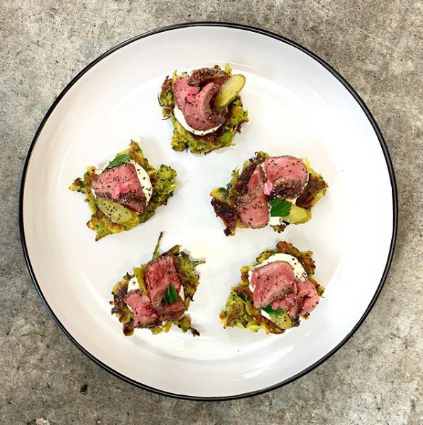 Broccoli Fritters with rare roast beef - GF
