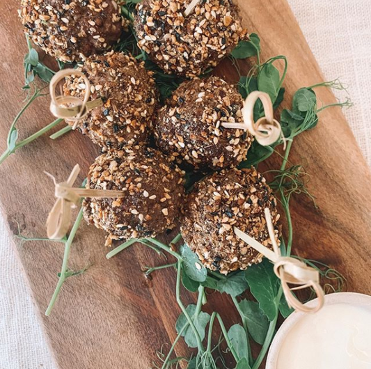 Dukkah lamb meatballs with a yoghurt tahini dipped sauce